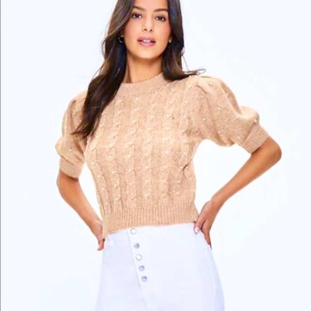 Zara Pink Puff Sleeve Sweater with Pearls Size Large